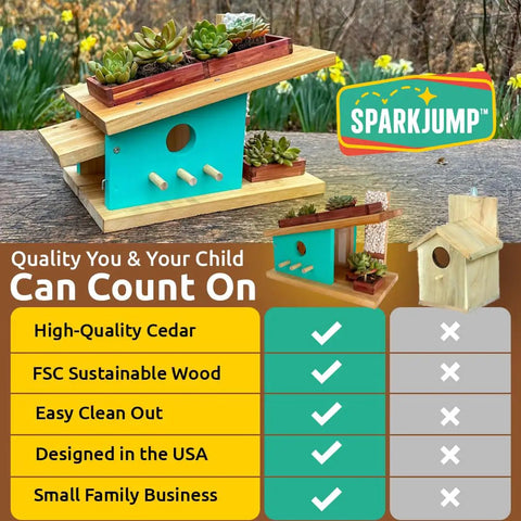 Modern Birdhouse DIY Kit For Kids And Adults Build Your Own Woodworking Craft Easy Fam Bonding Project For Skill Building Creative Woodworking Kit For Home Decor And Fun, showing cedar wood birdhouse with succulents.