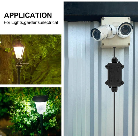 Two Pack Waterproof IP68 Outdoor Junction Box For Two Way Cable Runs connected to security camera on metal wall