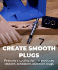 Heavy Duty Plug Cutter Drill Guide Kit Designed To Instantly Hide Pocket Screw Holes For Crisp Wood Finishes Flawless Fit accessory with plugs and cutting tip on wooden surface.