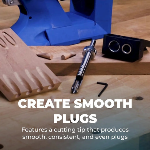 Heavy Duty Plug Cutter Drill Guide Kit Designed To Instantly Hide Pocket Screw Holes For Crisp Wood Finishes Flawless Fit accessory with plugs and cutting tip on wooden surface.