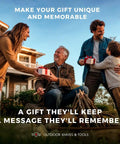 Family exchanging gifts outdoors near a campfire, smiling and enjoying the moment.