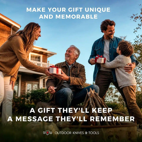 Family exchanging gifts outdoors near a campfire, smiling and enjoying the moment.