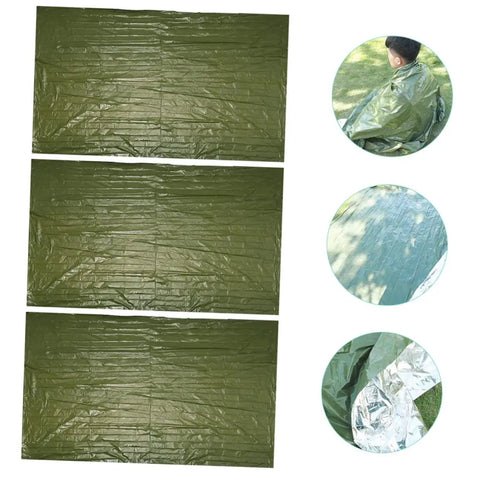 Three Piece Camping Survival Kit With Reflective Thermal Emergency Blanket And First Aid Gear For Beach Hiking Camping Outdoor Adventure In All Weather showing olive green thermal blankets and reflective underside for warmth and moisture protection outdoors.