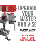 Heavy Duty Smart Jaws Bench Vise Sleeves Lock Down Firearms And Optics With Nine Precision Grooves While Blocking Heat Damage And Keeping Finishes Completely Scratch Free On The Bench, showing reversible jaws in use.