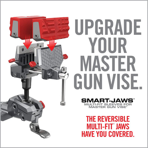 Heavy Duty Smart Jaws Bench Vise Sleeves Lock Down Firearms And Optics With Nine Precision Grooves While Blocking Heat Damage And Keeping Finishes Completely Scratch Free On The Bench, showing reversible jaws in use.
