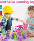 Children playing with pink kid friendly education building set for girls ages 4 to 10 with 14 ways to play build cars planes robots
