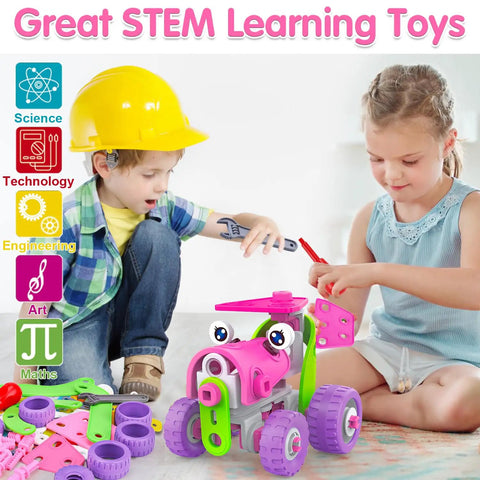 Children playing with pink kid friendly education building set for girls ages 4 to 10 with 14 ways to play build cars planes robots