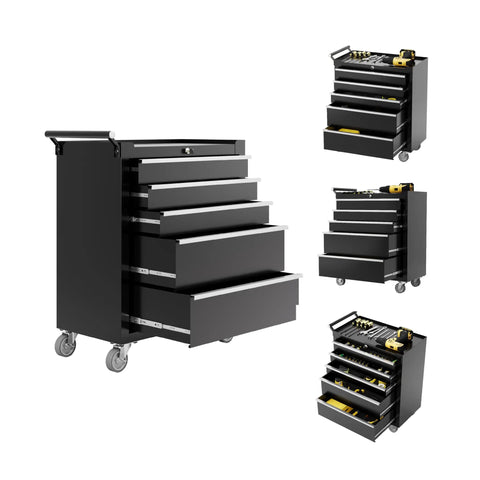 Black Rolling Tool Chest With 5 Drawers On Wheels, Portable Tool Cabinet With Locking System And Drawer Liners for garage use