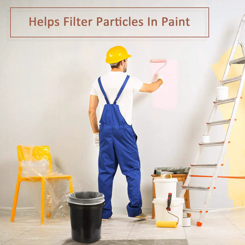 Painter using 30 Pack 5 Gallon Paint Strainer Bags With Elastic Top to achieve smooth paint application on wall.