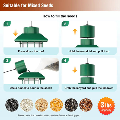 Step-by-step guide to filling the Weight Activated Squirrel Proof Bird Feeder For Outdoors Hanging With 3Lb Capacity And Four Ports.