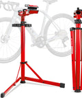 Red Beefed Up Heavy Duty Bike Repair Stand for E-Bikes MTB Road and Mountain Bikes with aluminum and steel frame, folded and open.