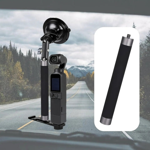 Top Shelf Aluminum Camera Extension Rod Mount One Quarter Inch Thread For Dash Cams And Action Cameras on vehicle dashboard.