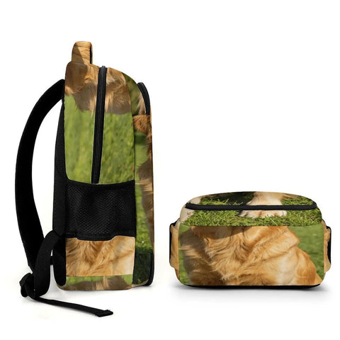 Grass Retriever Printed Backpack For Men And Women, side and front view with durable polyester and smooth zipper