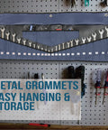 Roll Up Wrench Organizer With 24 Slots And Built In SAE And Metric Labels Sturdy Tool Roll Up Bag hanging on pegboard