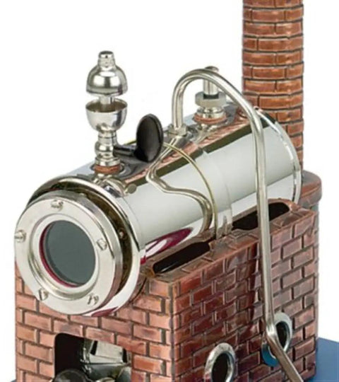 Deluxe Steam Engine Kit D5 polished brass boiler on brick base, featuring sight glass water level indicator.