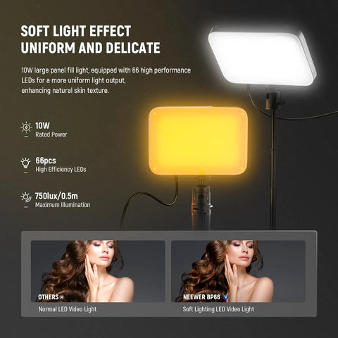 Two Pack LED Video Panel Light Kit With Desktop Tripod Stands And Filters For Webcam Desktop Computer And Laptop Zoom Calls Dimmable For Makeup Recording Selfie And Streaming BP66 with soft light effect demonstration