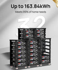 Image of battery storage racks labeled V3 with up to 163.84kWh capacity, part of the Off Grid Solar System Kit With 12x195W N Type Bifacial Mono Panels 2340W Total 5kW 120/240V Inverter And 51.2V 100Ah LiFePO4 Battery Storage Rack For Whole Home Power.
