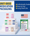 Front view of MFASCO 7-in-1 Travel Medicine Kit with 28 unit-dose packets and MFASCO Medication Pack bag.