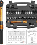 Pro Grade Quarter Inch Torque Wrench Kit With 72 Tooth Click Type 30 To 220 Inch Pound Range Dual Scale Newton Meter And Inch Pound MTB Bike Maintenance Set For Precise Smooth Adjustments On Road Mountain And Trail Bikes 33 Pieces, shown with open case and accessories.