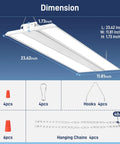 Dimensions and hardware of Two Pack 2Ft 150W LED Linear High Bay Shop Light That Burns Bright With 20250 Lumens 135 LM Per W 100 277V 0 10V Dim 5000K Daylight Hanging Light For Warehouse And Workshop ETL Listed