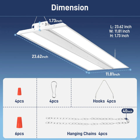 Dimensions and hardware of Two Pack 2Ft 150W LED Linear High Bay Shop Light That Burns Bright With 20250 Lumens 135 LM Per W 100 277V 0 10V Dim 5000K Daylight Hanging Light For Warehouse And Workshop ETL Listed