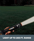 Person holding 20V Power Share Multi Function LED Flashlight with 265 ft beam illuminating a lawn at night