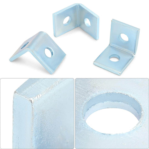 Durable two-hole L-shaped connector bracket for 1-5/8 inch strut channels with a 1/2 inch bolt, electrogalvanized finish