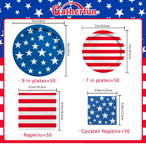 Patriotic Party Tableware Kit Disposable Dinner Plates 9in And Dessert Plates 7in Napkins And Cocktail Napkins Stars And Stripes Designs Serves 50 Lit For 4th Of July Veterans Day Election Day Independence Day layout display.