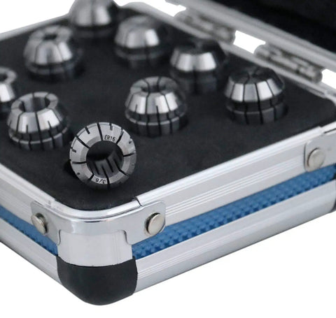 ER16 Collet Set 10 Piece Includes 1/32 To 3/8 Inch Collets 0.0004 Inch Concentricity in opened metal case with foam lining