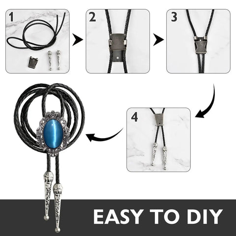 DIY Bolo Tie Making Kit With 3 Braided Leather Cords, 6 Alloy Cord Ends, 3 Iron Bolo Tie Slides, And 3 Classic Color Cords In Black, Gold, And Antique Copper For Crafting Custom Fits From Formal To Casual. 3 black braided cords with alloy ends and iron slides