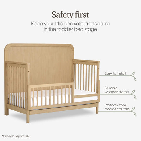 Toddler Bed Rail Guard Conversion Kit for Full Size Cribs to Toddler Beds, Durable Pinewood Safety Rail, Natural Oak Finish, shown installed