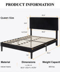 Queen Upholstered Platform Bed Frame With Adjustable Headboard Built Heavy Duty Featuring Dead Silent Wooden Slats For Rock Solid Support Plus Luxe Black Velvet Upholstery dimensions and material details