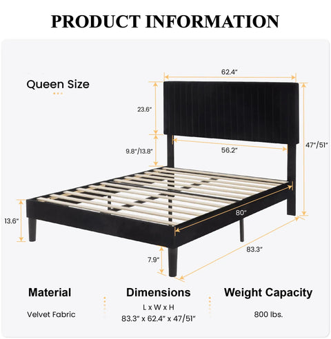 Queen Upholstered Platform Bed Frame With Adjustable Headboard Built Heavy Duty Featuring Dead Silent Wooden Slats For Rock Solid Support Plus Luxe Black Velvet Upholstery dimensions and material details