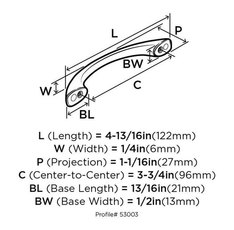 Technical diagram of Vaile Satin Nickel Cabinet Pull Three And Three Quarters Inches Center To Center Ninety Six Millimeters Contemporary Drawer Pull For Cabinets And Furniture Ten Pack showing dimensions