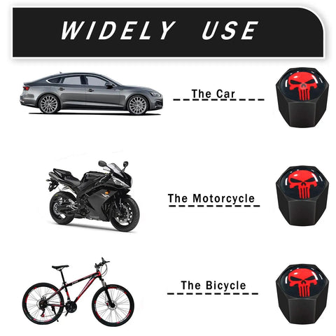 Skull Tire Valve Cap Set Ride Ready 4 Pack Airtight Dust Proof Universal Air Valve Caps for cars, motorcycles, and bicycles shown in use