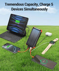 High Capacity Solar Power Bank 45800mAh With Fast Charging And Three Built In Cables charging multiple devices on grass