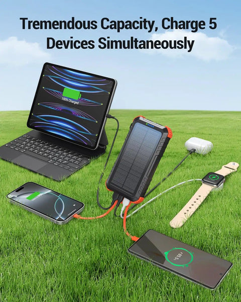 High Capacity Solar Power Bank 45800mAh With Fast Charging And Three Built In Cables charging multiple devices on grass