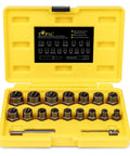Stripped Bolt Extractor Kit - 18-Piece Socket Set in yellow case, built from impact-resistant CR-MO steel, heavy-duty gear for real pros