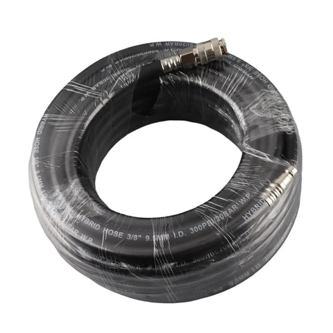 Heavy Duty 15 Meter Pneumatic Air Hose Kit For Garage Pros Features 900 PSI Max High Pressure Rating With Flexible Reinforced Rubber Design That Handles Hot Cold Temps And Delivers Rock Solid Reliability For Daily Shop Work And Inflation Jobs., coiled black rubber air hose with metal couplers