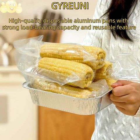 Person holding 30 Pack Disposable Aluminum Foil 8x8 Inch Square Pans With Lids Parchment Paper Sheets And Stickers Kit, used for corn storage