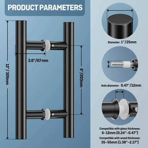Diagram of Beefy Stainless Steel Back To Back Shower Door Handle For Glass And Barn Doors 12 Inch Length Double Sided Push Pull dimensions