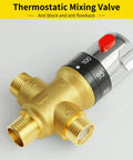 Brass thermostatic mixing valve with adjustable temperature control for showers and faucets, featuring a red boost button on solid brass body.