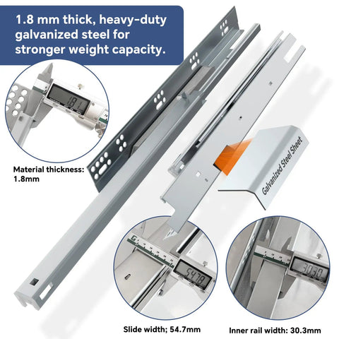 Top Shelf 12 Inch Undermount Drawer Slides With Smooth As Butter Soft Close Action Rock Solid Full Extension Slide Hardware Built Tough For Kitchen Cabinets And Pantry Drawers, showing 1.8mm thick galvanized steel with measurements.