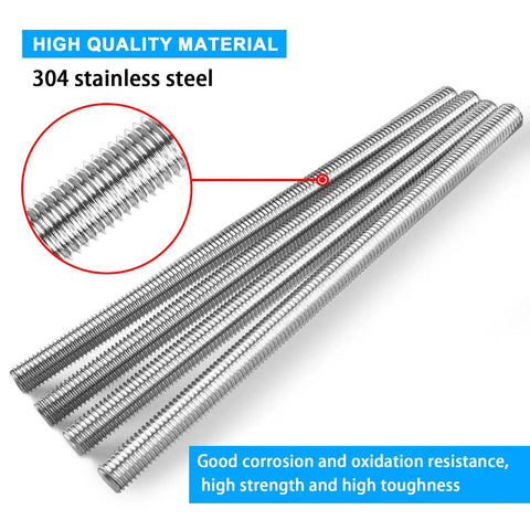 Six Pack M6 X 100mm Fully Threaded Rods In 304 Stainless Steel Right Hand Threads With Nuts And Flat Washers, close-up view