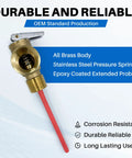 Brass 1/2-inch NPT pressure relief valve with lever and red extended probe for RV water heaters