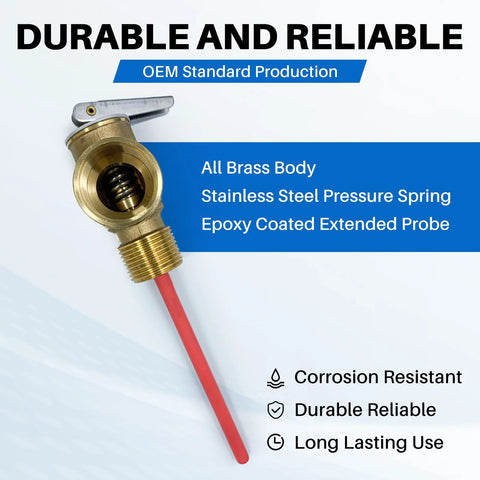 Brass 1/2-inch NPT pressure relief valve with lever and red extended probe for RV water heaters