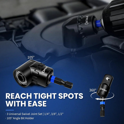 Beefy 14 Piece 1/4 Inch Impact Socket Adapter Kit With Universal Joints And Angle Drill Attachment Includes 8 Extension Bars From 65mm To 150mm Retractable Magnetic Bit Holder Heavy Duty Versatile Driver Accessory Set, 105° angle bit holder and swivel joint