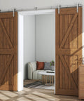 8Ft Stainless Steel Sliding Barn Door Hardware Kit With Heavy Duty Track And Silent Glide, Easy Install For 24 Inch Wide Double Wooden Doors, I Shaped Hangers, Rust Resistant Rails And No Squeak Quiet Operation installed with wooden doors