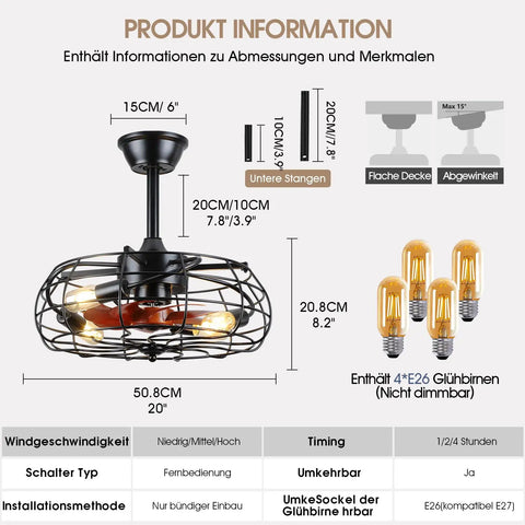 Product information diagram of Dope Farmhouse Style Ceiling Fan With Light And Remote Control, enclosed caged 8 blades shown