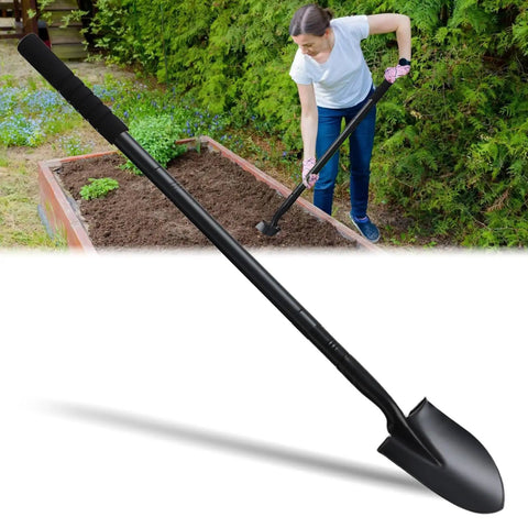 Heavy Duty Small Shovel For Digging With Long 43 Inch Handle Workhorse Tool in use for gardening with ergonomic non-slip grip